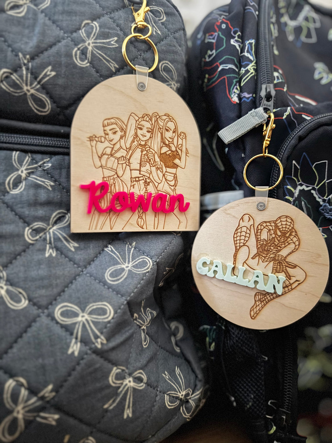 Wood and Acrylic Character Shape Keychains, Backpack Tag