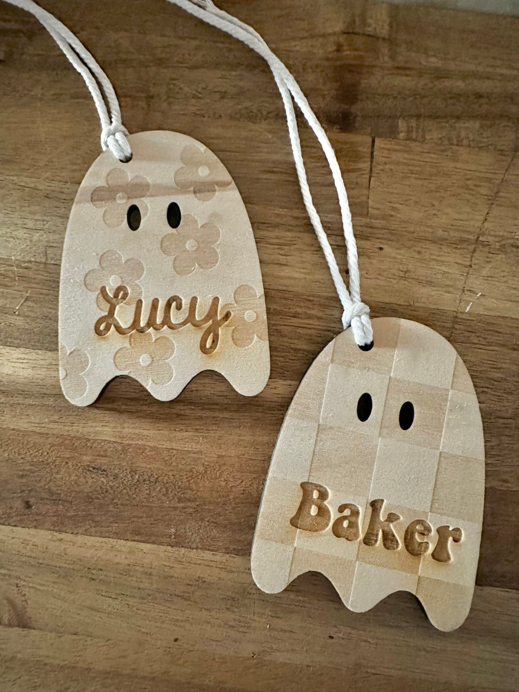 Flower and Checkered Ghost Halloween wood tags